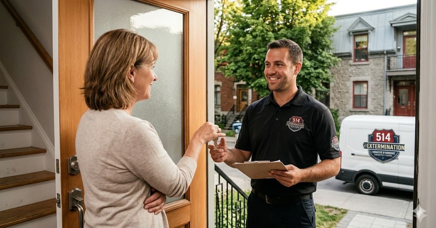 Technicien exterminateur 514 Extermination expliquant le traitement à une cliente à la porte de sa maison à Montréal